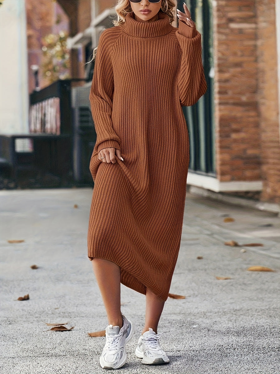 This Autumn and Winter Fashion Solid-color High-neck Long Sweater for Women Is a Casual Style. It Is Suitable for Daily Outings and Dates. It Is Versatile and Practical, and a Must-have for Daily Commutes and Dates - Dark Brown