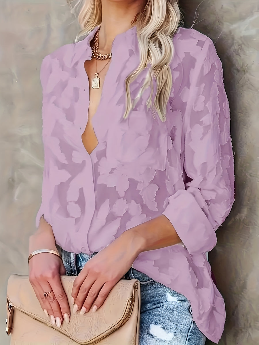 Elegant Women's Blouse, Long-sleeve Jacquard Top, 100% Polyester Solid Color, Button Details, Fabric, Suitable for Spring, Summer, and Autumn - Violet