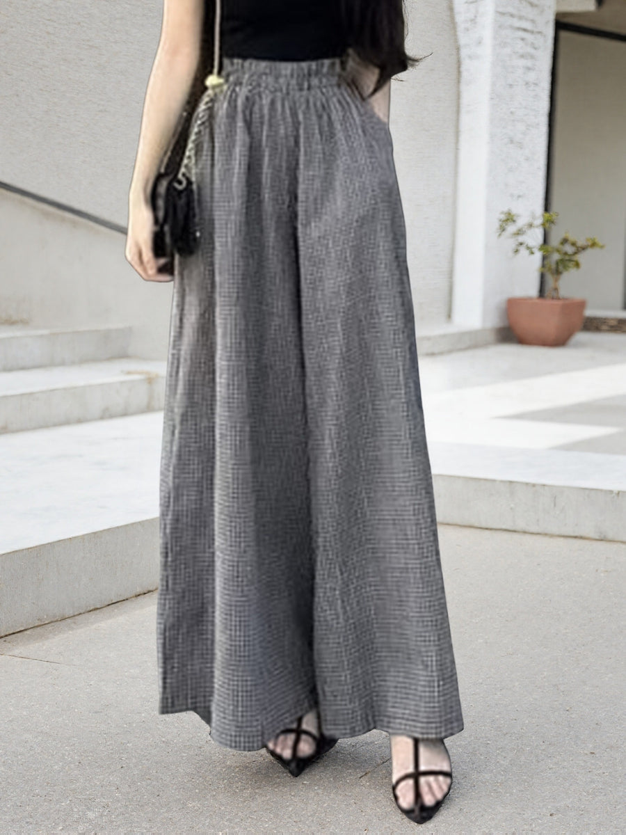 Women'S Spring And Summer Fine Checkered Wide-Leg Pants, Elastic Waist High Waist Drape, And Casual Floor-Length Trousers - Black