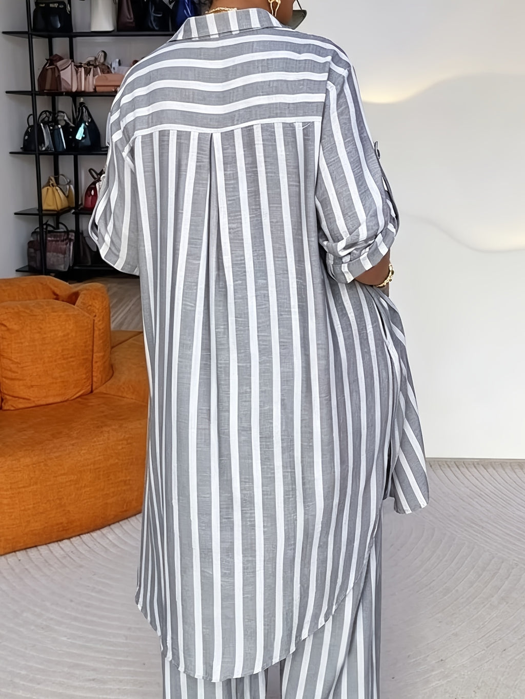 YYTT Women's Spring/Autumn Elegant Daily Casual Striped Print Lapel Long Sleeve Long Shirt and Elastic Waist Wide-Leg Long Pants 2pcs Set - Slate Grey