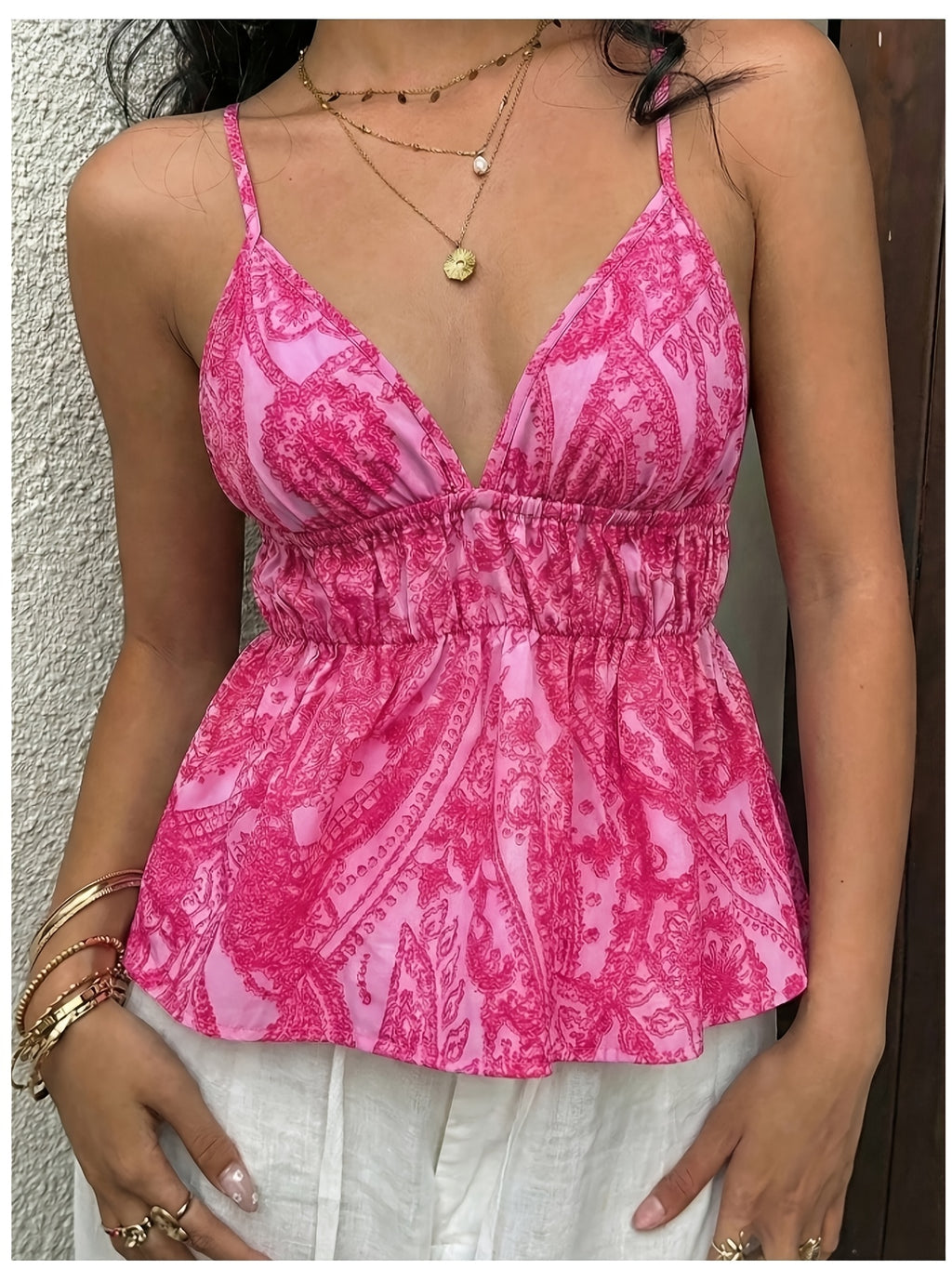 Elegant Exquisite Women's Pink Print Deep V-Neck Spaghetti Strap Elastic Waist Ruffle Hem Sleeveless Top Fashion Temperament Piece for Vacation Beach Party Casual - Red