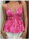 Elegant Exquisite Women's Pink Print Deep V-Neck Spaghetti Strap Elastic Waist Ruffle Hem Sleeveless Top Fashion Temperament Piece for Vacation Beach Party Casual - Red