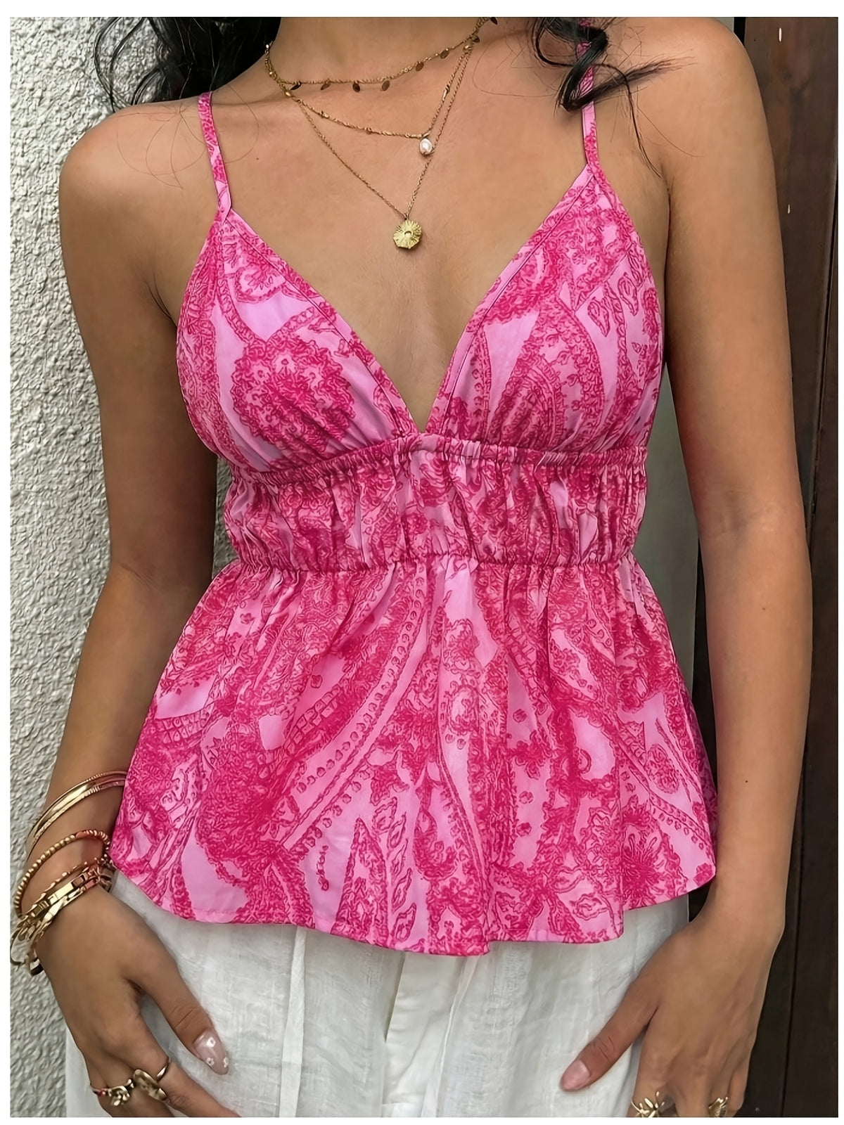 Elegant Exquisite Women's Pink Print Deep V-Neck Spaghetti Strap Elastic Waist Ruffle Hem Sleeveless Top Fashion Temperament Piece for Vacation Beach Party Casual - Red