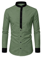 Men's Dress Shirt, Military Green Stand Collar Shirt for Men, Shirt with Contrast Trim Design, Slim Fit Long Sleeve with Lapel, Suitable for Casual and Business Wear, Machine Washable and Hand Washable, Wrinkle-Resistant and Quick-Drying - Military Green