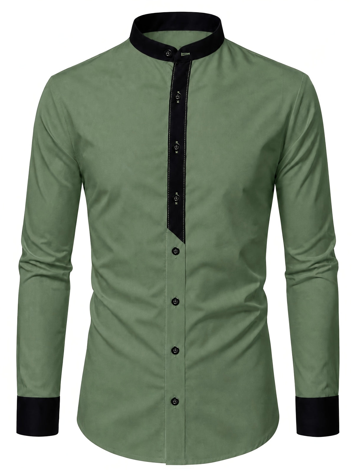 Men's Dress Shirt, Military Green Stand Collar Shirt for Men, Shirt with Contrast Trim Design, Slim Fit Long Sleeve with Lapel, Suitable for Casual and Business Wear, Machine Washable and Hand Washable, Wrinkle-Resistant and Quick-Drying - Military Green