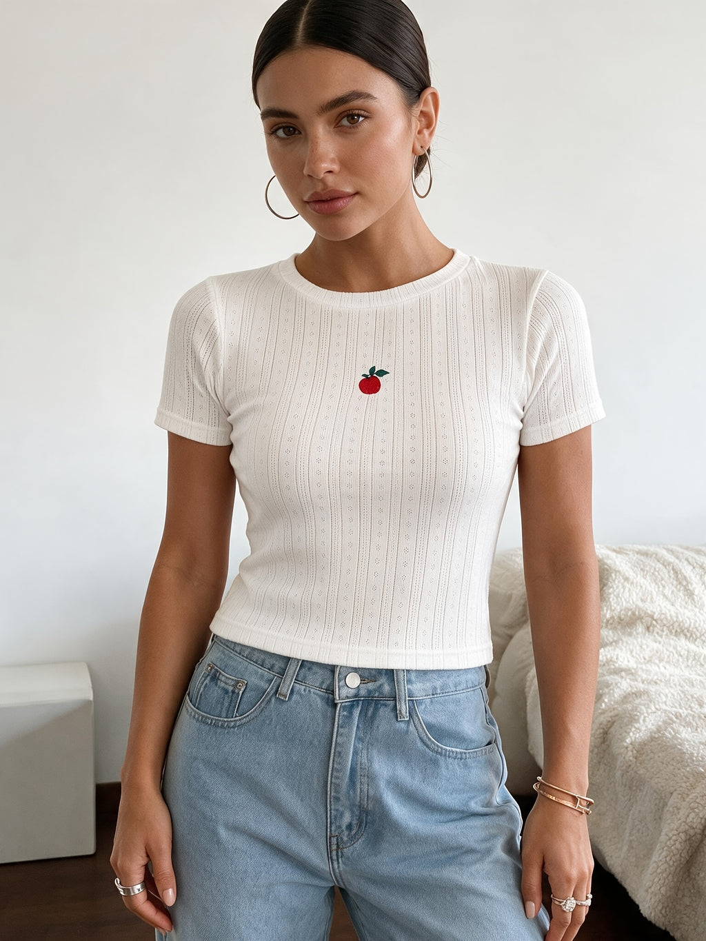 Y2K Sweet and Playful Style Women's White Strawberry Embroidered Cropped Slim-Fit T-Shirt, Featuring Hollow-out and Ribbed Design, Paired with a Round Neck and Short Sleeves, Suitable for Summer Daily Casual Wear, Dates, and Street Style - White