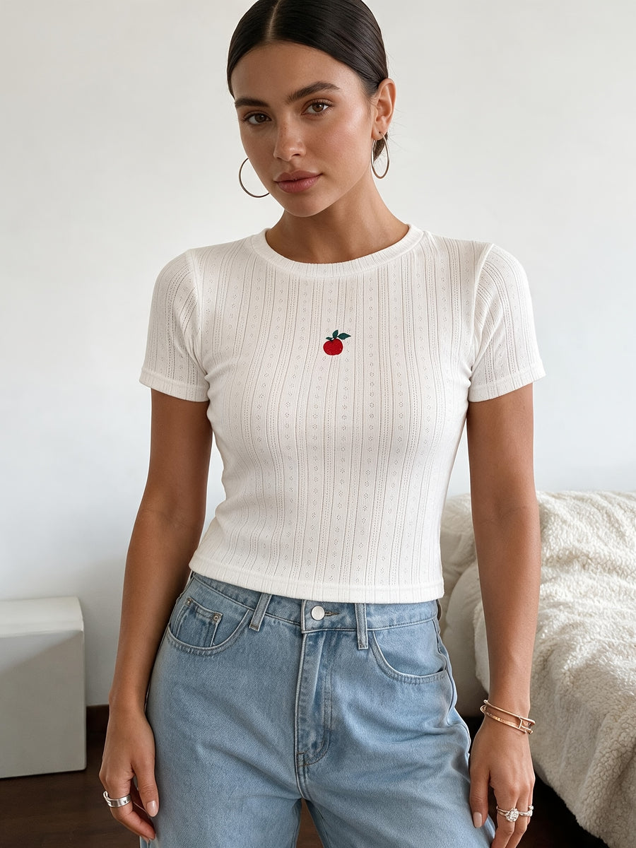 Y2K Sweet and Playful Style Women's White Strawberry Embroidered Cropped Slim-Fit T-Shirt, Featuring Hollow-out and Ribbed Design, Paired with a Round Neck and Short Sleeves, Suitable for Summer Daily Casual Wear, Dates, and Street Style - White