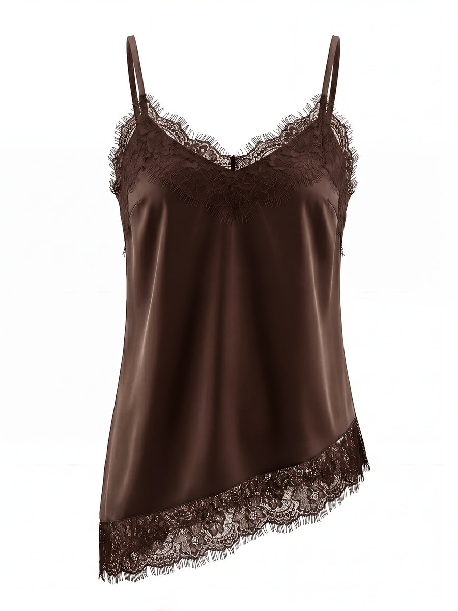 Summer Fashion Satin Crepe Spliced Lace Camisole with Irregular Hem, Elegant Casual Date Cocktail Women's Camisole Top - Dark Brown