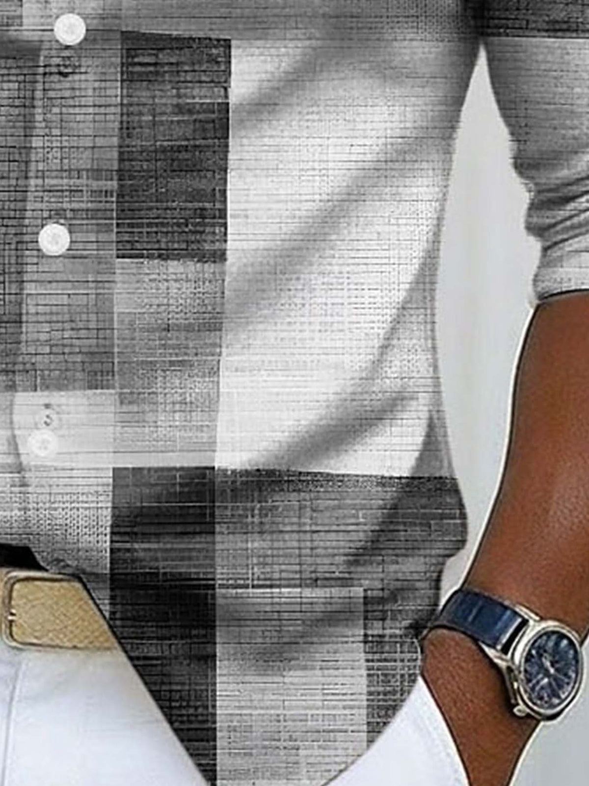 Men's Long-sleeve Shirt with Geometric Plaid Patchwork Print, Featuring a Mature Business-casual Style, Suitable for Workplace Commuting, Casual Gatherings, and Light Business Attire Occasions - Grey