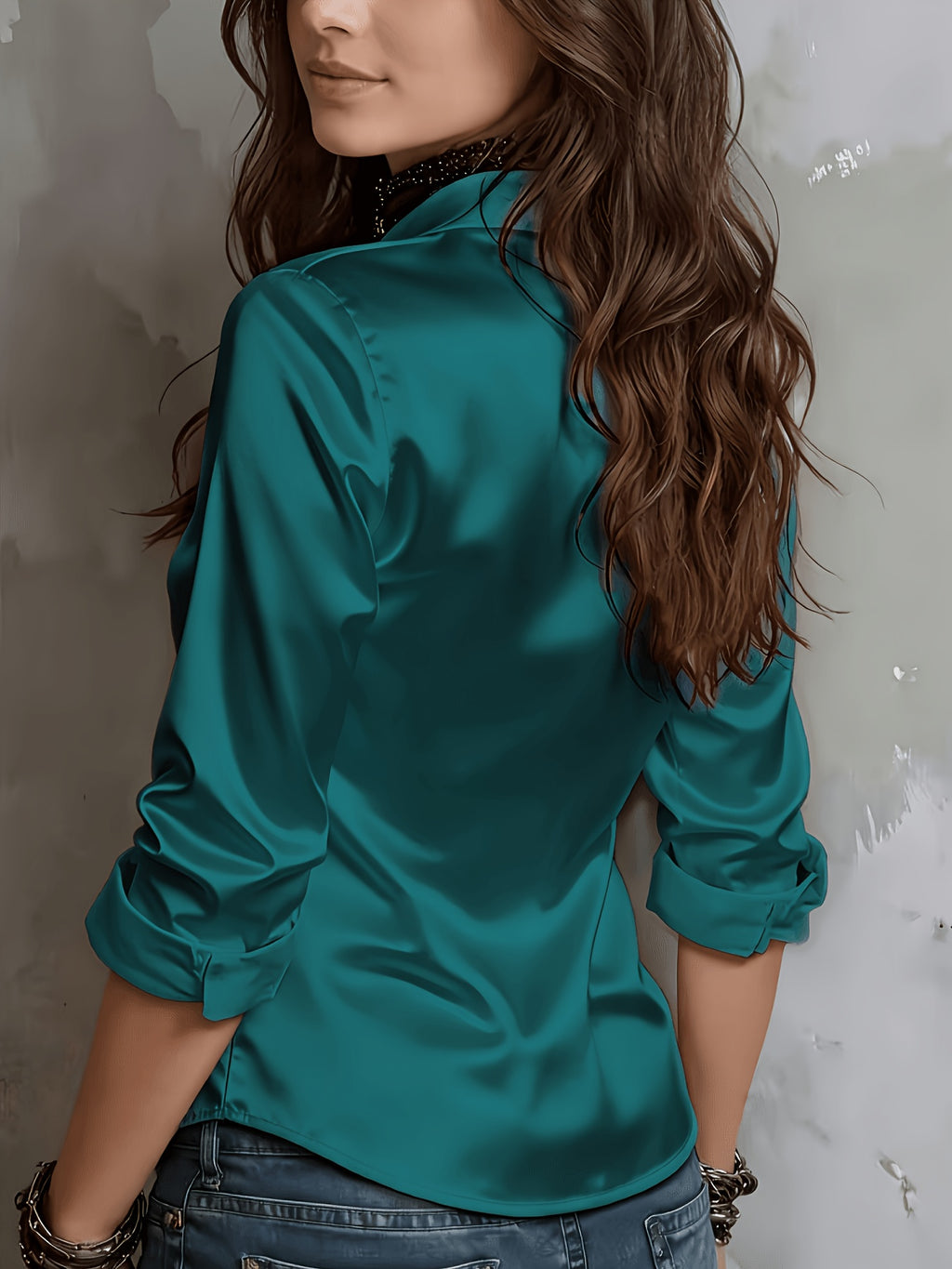 Women'S All-Season Temperament Commuter Satin Shirt - Peacock Blue