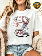 Genuine Le Yitong Rabbit 8-Ball Coffee Theme Women'S Short Sleeve, Vintage English Slogan Cartoon Print American Casual All-Match Daily T-Shirt Top - White