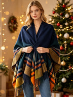 Women's Printed Front-Open Cardigan, Casual Shawl Cape Sweater, Wearable Blanket for Autumn, Winter, and Evening Wear - Navy Color
