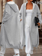 Spring and Autumn European and American Casual Middle Eastern Imitation Small Hoodie | Long Sleeved Double Headed Zipper Open Placket Hooded Hoodie Long Coat - Light Grey