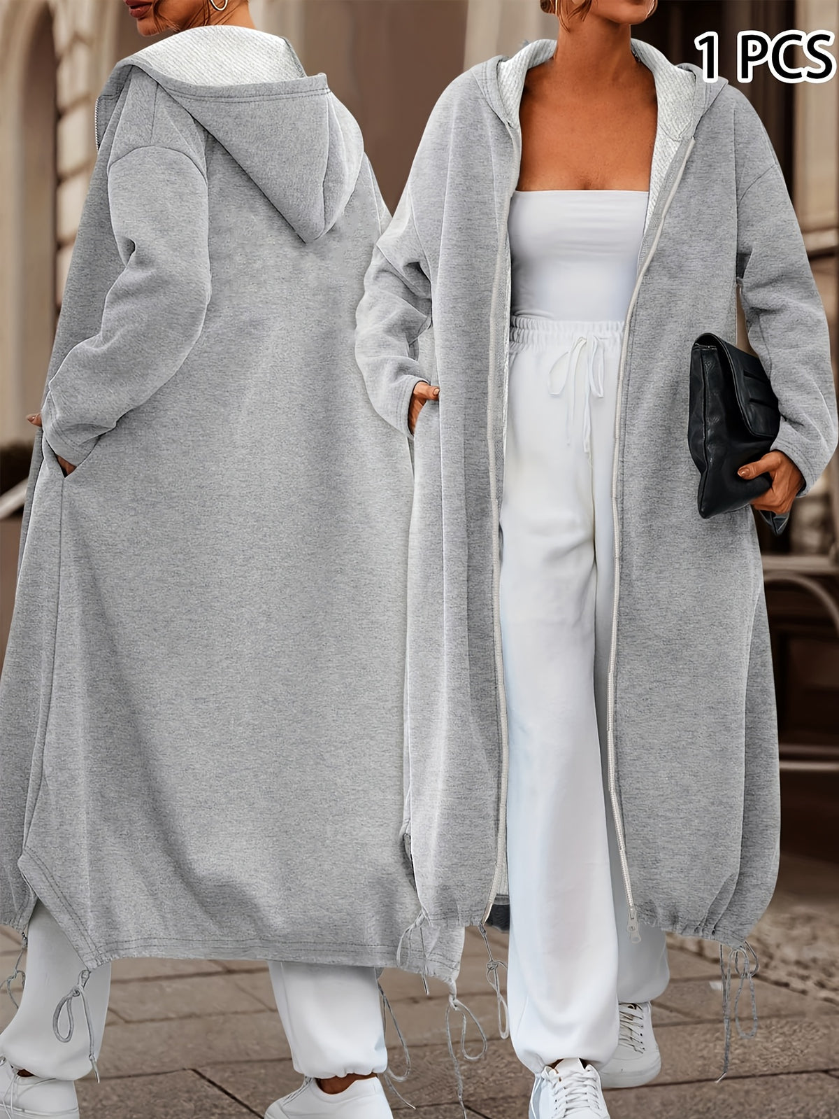 Spring and Autumn European and American Casual Middle Eastern Imitation Small Hoodie | Long Sleeved Double Headed Zipper Open Placket Hooded Hoodie Long Coat - Light Grey