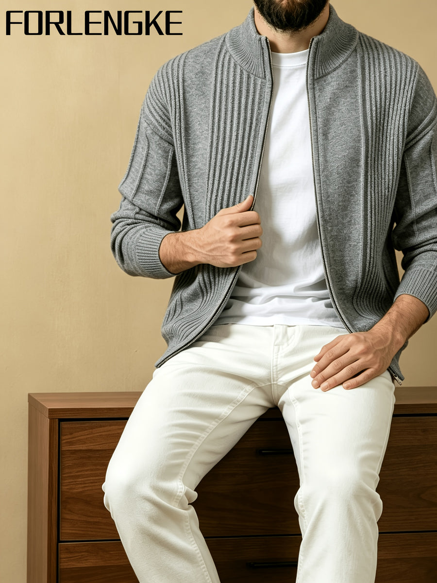 FORLENGKE Men'S Business Casual Stand Collar Full Zip Vertical Ribbed Knit Cardigan, Soft Thick Loose Long Sleeve Sweater Jacket for Fall Winter Office Daily Wear - Grey