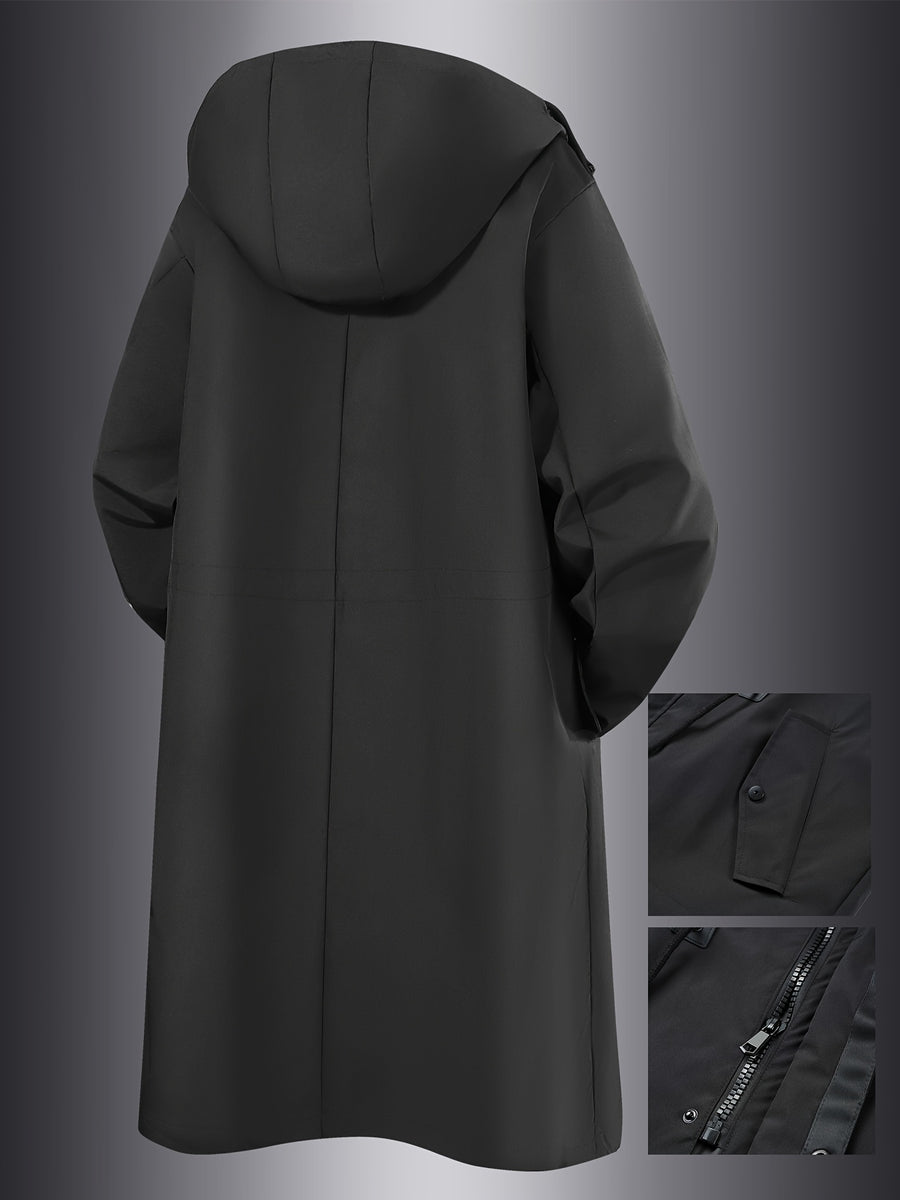 Spring And Autumn Men'S Outdoor Long Trench Coat Fashion Light Luxury Black Trench Coat Light Business Long Hooded Coat Black Coat Jacket - Black