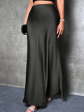 Women's High-Waisted Solid Color Elegant Satin Skirt, Suitable for Date, Party, Gift, All Season - Black
