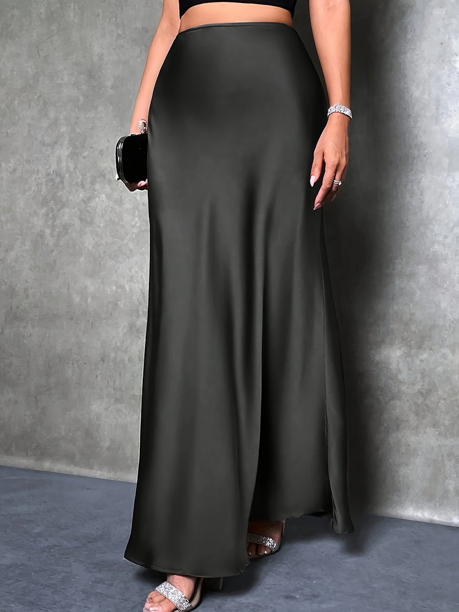 Women's High-Waisted Solid Color Elegant Satin Skirt, Suitable for Date, Party, Gift, All Season - Black
