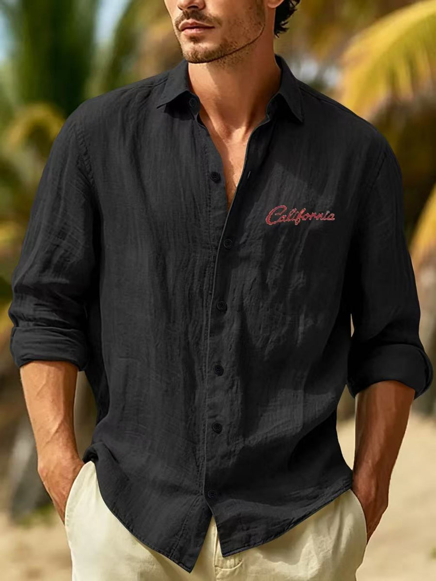 Spring/Autumn Men's California Letter Print Linen Shirt, Long Sleeve Lapel Button-Up Casual Beach Top - Black