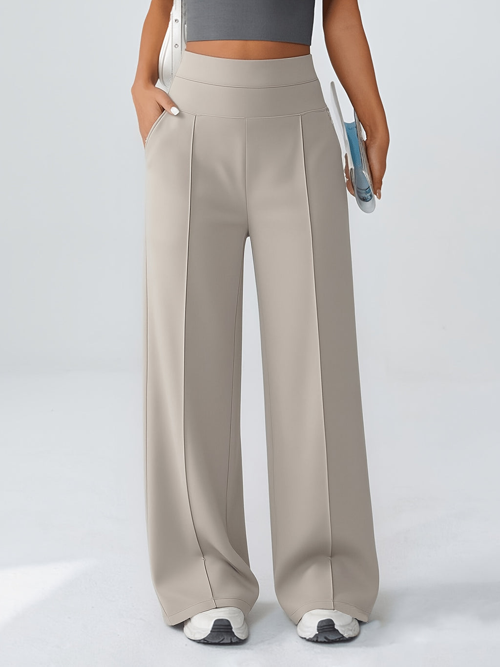 Spring And Autumn Women'S Casual Versatile Wide-Leg Pants (2 Pockets) High-Waisted Elastic Waist Design Straight-Leg Long Pants Breathable Loose Daily Commute Outerwear Comfortable Women'S Pants - Khaki
