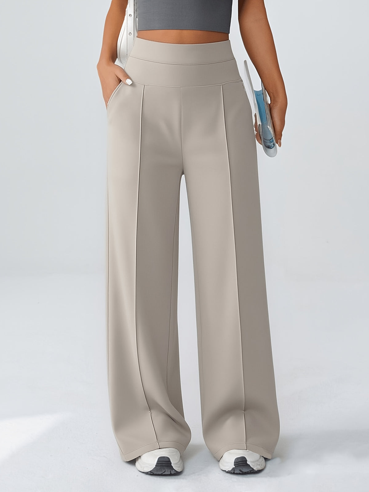 Spring And Autumn Women'S Casual Versatile Wide-Leg Pants (2 Pockets) High-Waisted Elastic Waist Design Straight-Leg Long Pants Breathable Loose Daily Commute Outerwear Comfortable Women'S Pants - Khaki