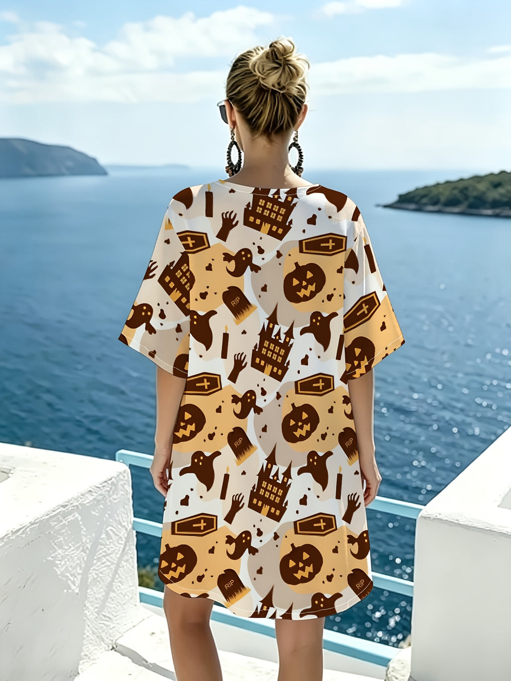 Casual V-neck Short-sleeve Dress with Vintage-style Haunted Castle Print, Featuring a Relaxed and Laid-back Cut, Comfortable and Smooth-flowing Fabric. A Festive Party-themed Piece That Can Be Easily Styled for Daily Outings or Social Gatherings - Mixed colors