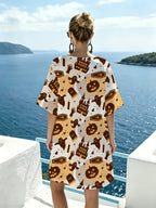 Casual V-neck Short-sleeve Dress with Vintage-style Haunted Castle Print, Featuring a Relaxed and Laid-back Cut, Comfortable and Smooth-flowing Fabric. A Festive Party-themed Piece That Can Be Easily Styled for Daily Outings or Social Gatherings - Mixed colors