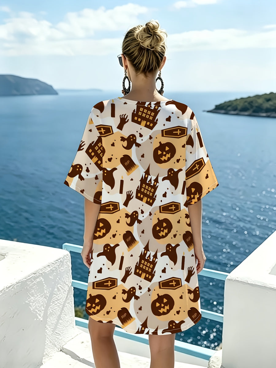 Casual V-neck Short-sleeve Dress with Vintage-style Haunted Castle Print, Featuring a Relaxed and Laid-back Cut, Comfortable and Smooth-flowing Fabric. A Festive Party-themed Piece That Can Be Easily Styled for Daily Outings or Social Gatherings - Mixed colors