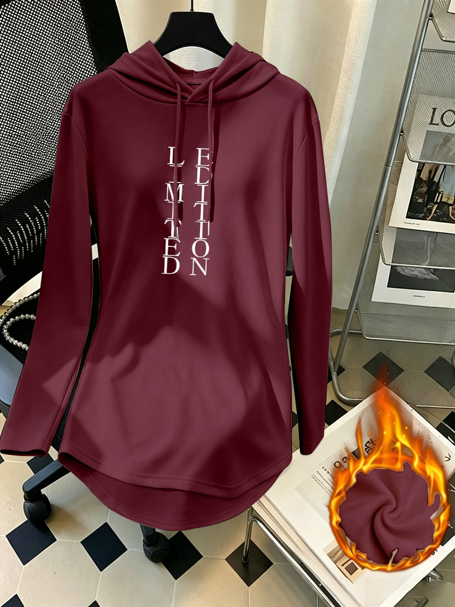 Women's Mid-Length Hooded Sweatshirt, Loose Fit, Hip-Covering, Letter Print, Drawstring Pullover Top - Burgundy