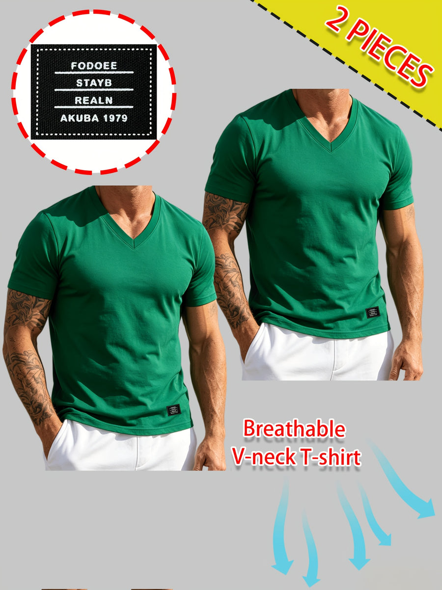 2pcs Men's 100% Cotton V-Neck T-Shirt - Breathable Short-Sleeve Solid Color Basic Tee Suitable for Summer Gym, Outdoor Sports & Casual Wear, Non-Stuffy Machine Washable Pure Cotton Shirts for Fitness and Everyday Activities - Green