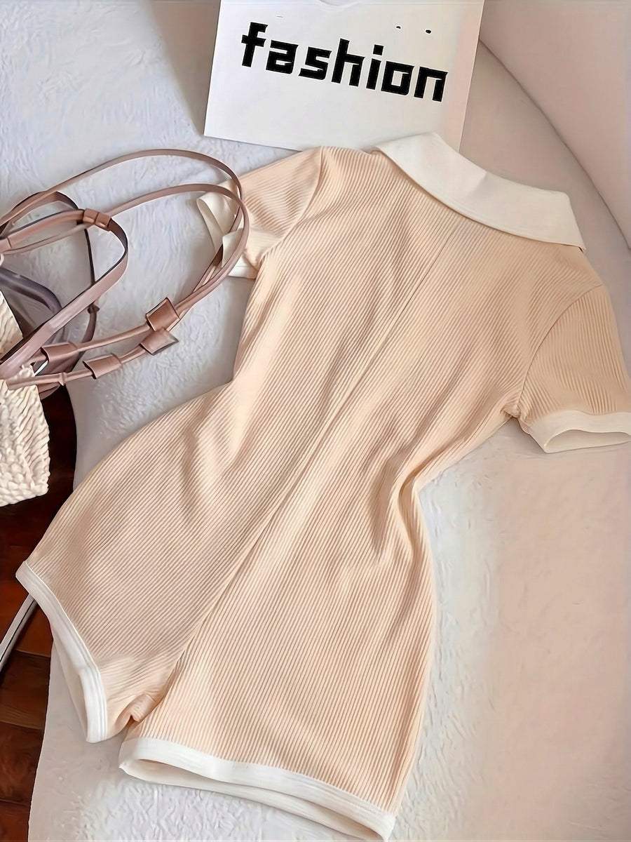 1 Piece of Color-blocked Elegant Slim-fit Lapel Mini Jumpsuit with White Trim, a for Back-to- Season and Daily Wear - Apricot