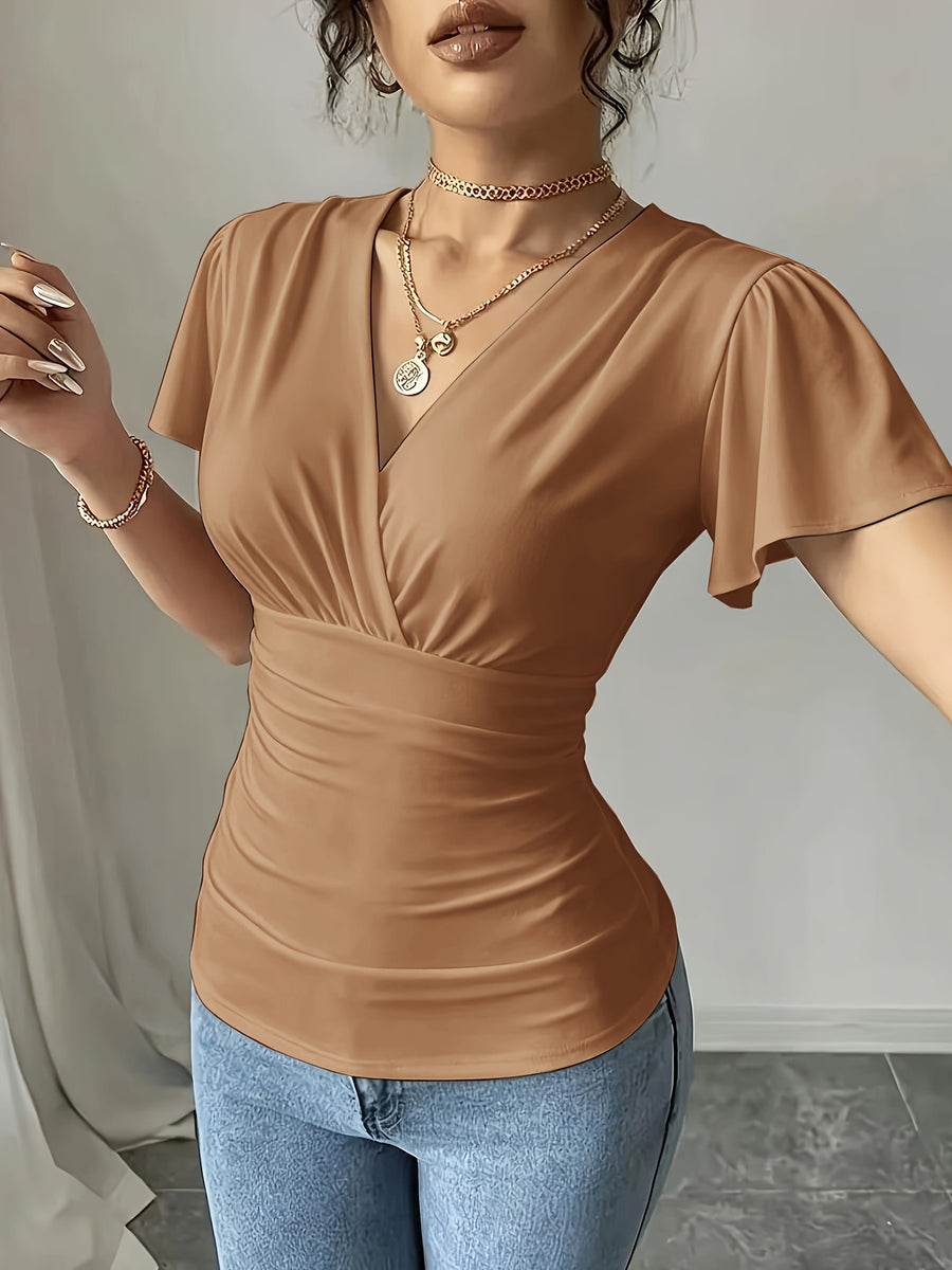 Women'S Spring Summer Casual V-Neck Solid Color Commuter T-Shirt - Khaki
