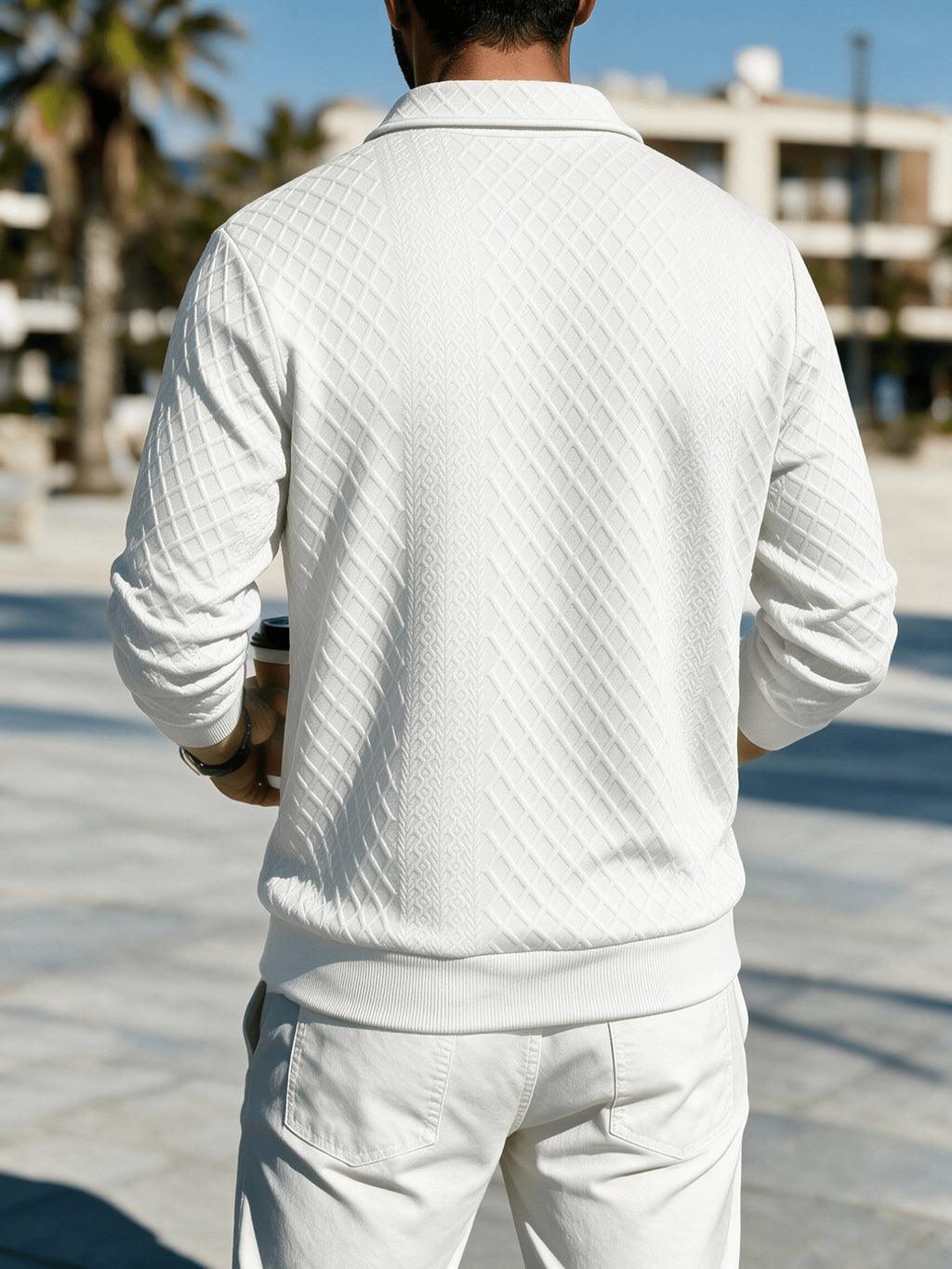 Men'S Diamond Pattern Long Sleeve Polo Shirt with Textured Collar And Pullover Style, All-Match Business Casual Top (Random Texture) - White