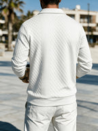 Men'S Diamond Pattern Long Sleeve Polo Shirt with Textured Collar And Pullover Style, All-Match Business Casual Top (Random Texture) - White