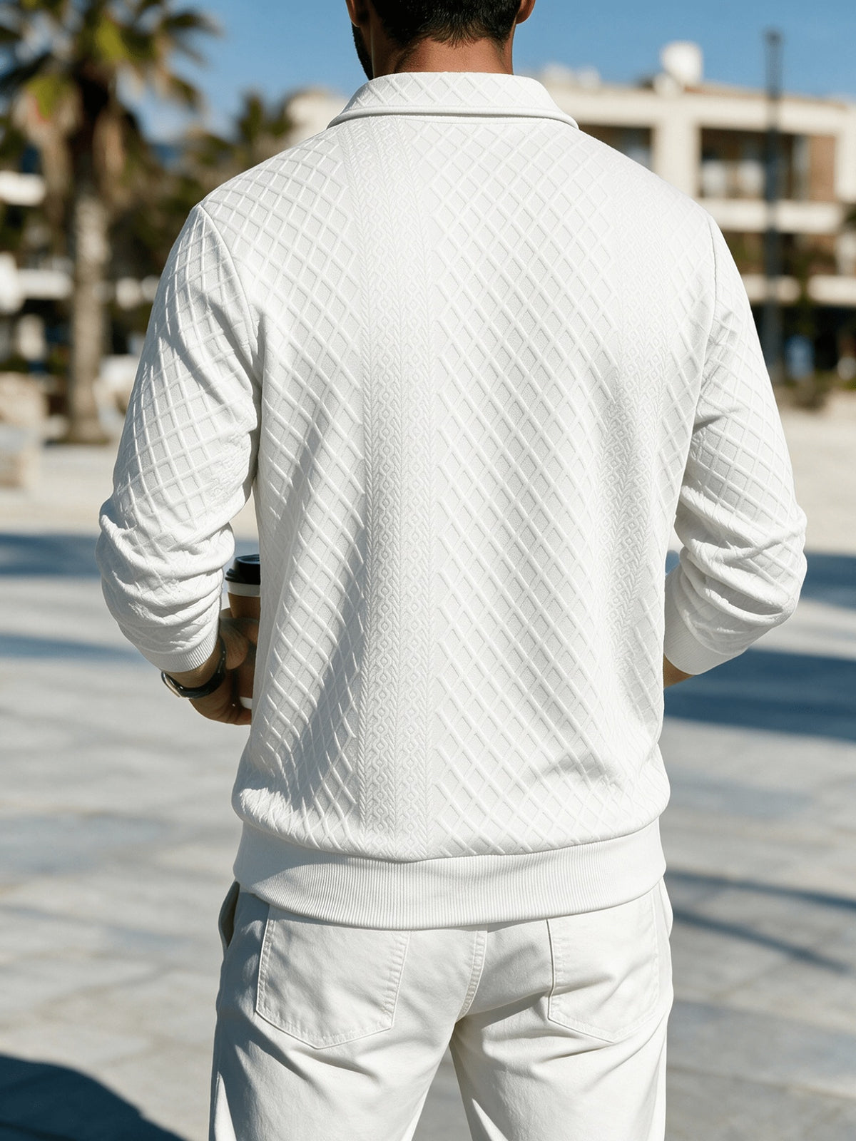 Men'S Diamond Pattern Long Sleeve Polo Shirt with Textured Collar And Pullover Style, All-Match Business Casual Top (Random Texture) - White