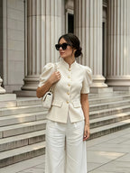 Fashionable and Elegant Women's Solid-color Stand-up Collar Princess-style Short-sleeve Jacket with Faux Pockets, Open Front, Single-breasted, and Casual Suit Jacket, Suitable for Commuting, Vacation, Business, and Daily Casual Wear - Off-white