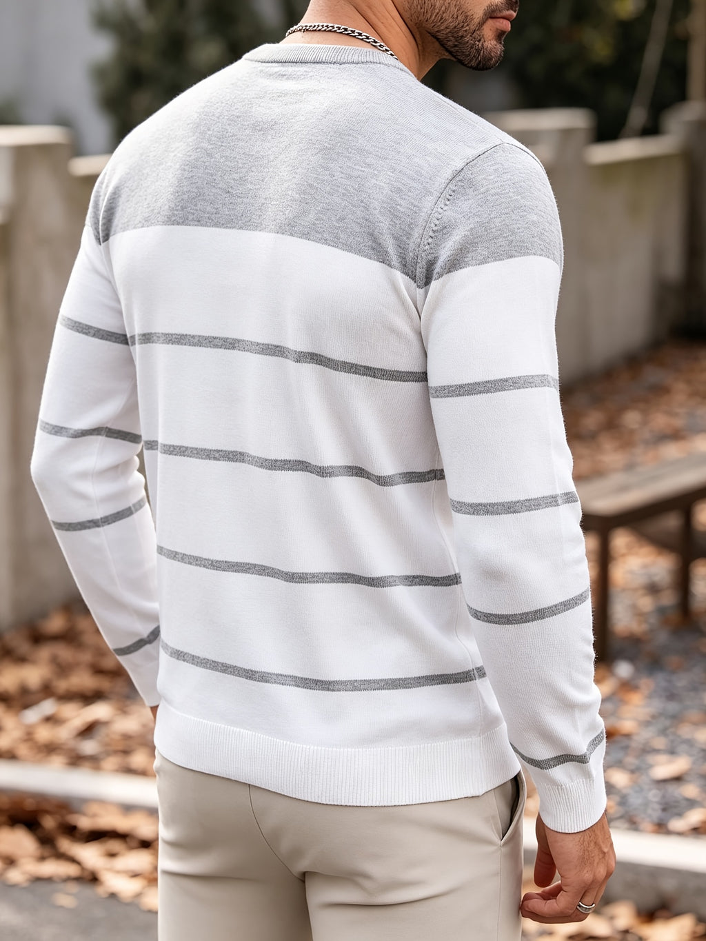 Men's Spring, Autumn, and Winter 2pcs Set: Casual Crew Neck Long-Sleeve Base Layer, Striped New Arrival Sweater for Spring and Autumn, Trendy and Versatile Long-Sleeve Pullover T-Shirt - Light Grey