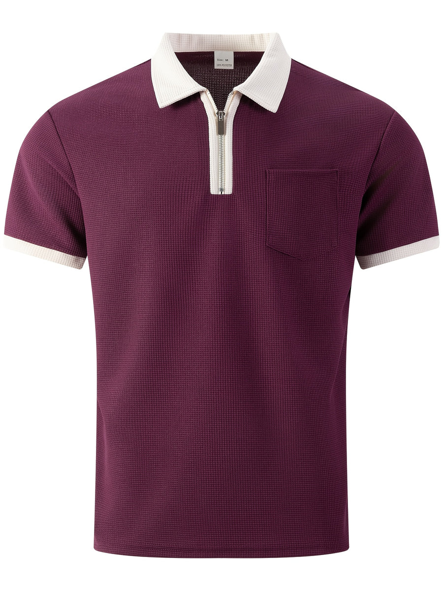 High-quality Men's Design Zippered Short-sleeved Polo Shirt, Contrasting Color Collar Design, Soft Fabric, Comfortable Experience, Versatile and Trendy Style, Suitable for Various Occasions Such as Traveling, Shopping, Casual Walking, Etc. - Red
