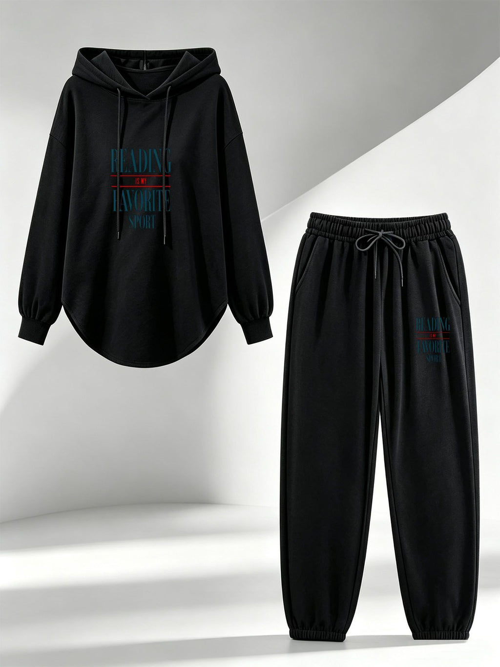 Everyday Essential Casual Sports Set - Relaxed Fit Asymmetrical Hem Hoodie And Drawstring Jogger Pants, Soft Breathable Athletic Tracksuit - Perfect for Yoga, Running, Lounging, Travel, Gym Workout, And Daily Wear - Black