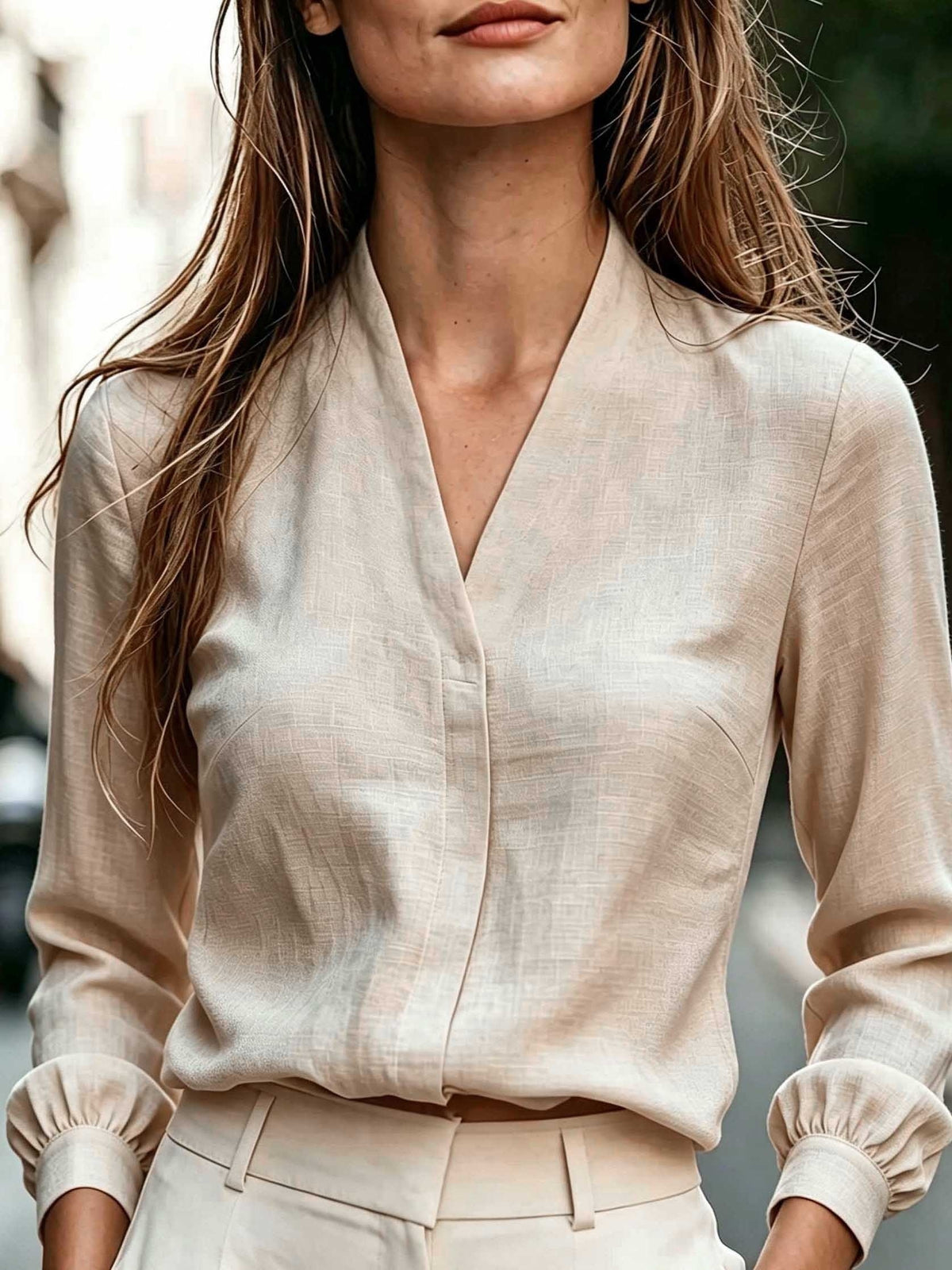 Women'S Solid V-Neck Long Sleeve Commuter Shirt - Apricot