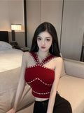 Chic Red & White Color Block Cami Top - Slim Fit, Sleeveless, V-Neck with Spaghetti Straps, Stretchy & Breathable for Summer - Perfect for Casual or Stylish Outfits - Burgundy