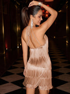 New Fashion Tassel Suspender Deep Gorgeous Elegant Slim High Waist Short Prom Dress Off-Shoulder Backless Party Women'S Short Evening Dress - Champagne