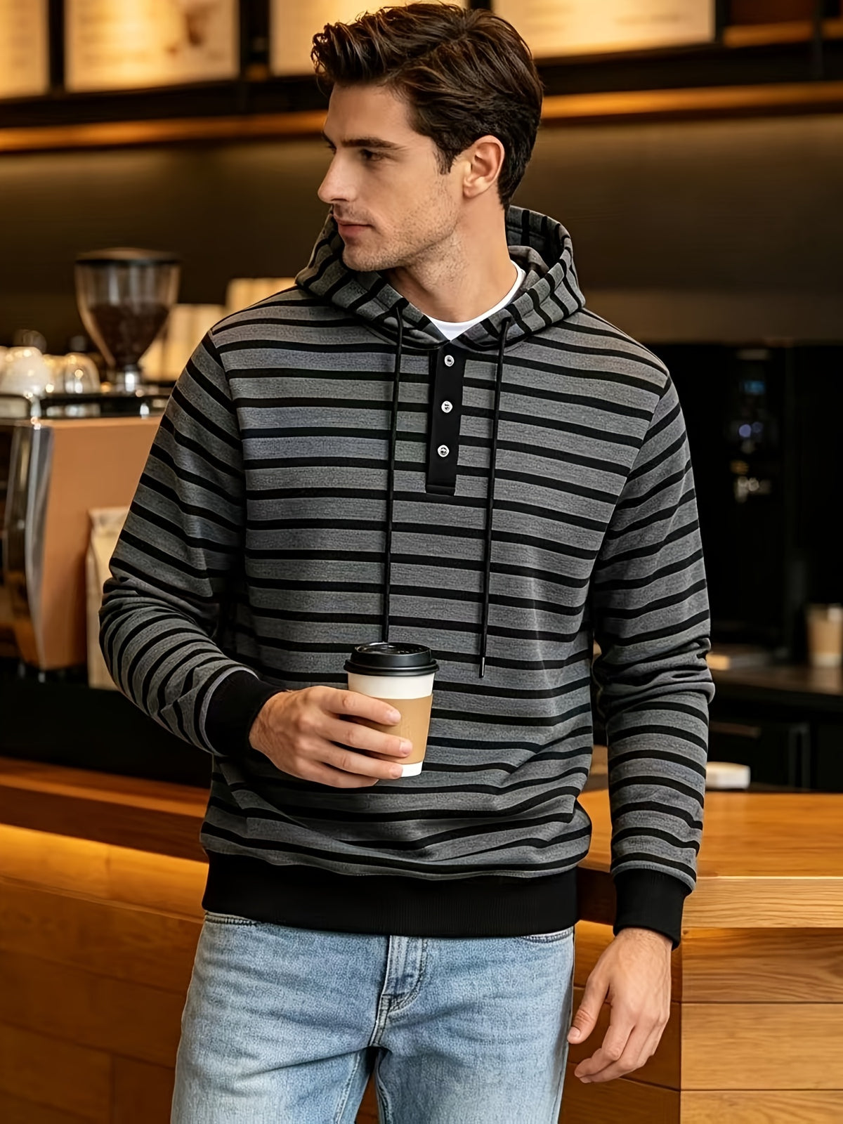 2026 New Men'S Striped Hooded Sweatshirt, Half-Button Drawstring Hoodie, Casual Long Sleeve Pullover Top - Dark Gray