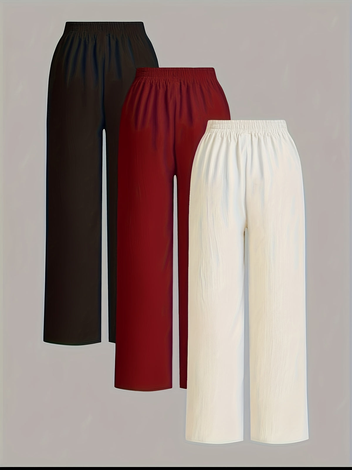 3pcs Elegant Wide-Leg Pants - Solid Color Lightweight Summer Trousers with Wide Leg Opening & Drawstring Waist, Machine Washable Non-Stretch for Casual, Office, Semi-Formal Wear (3pcs) - Black+wine Red+white