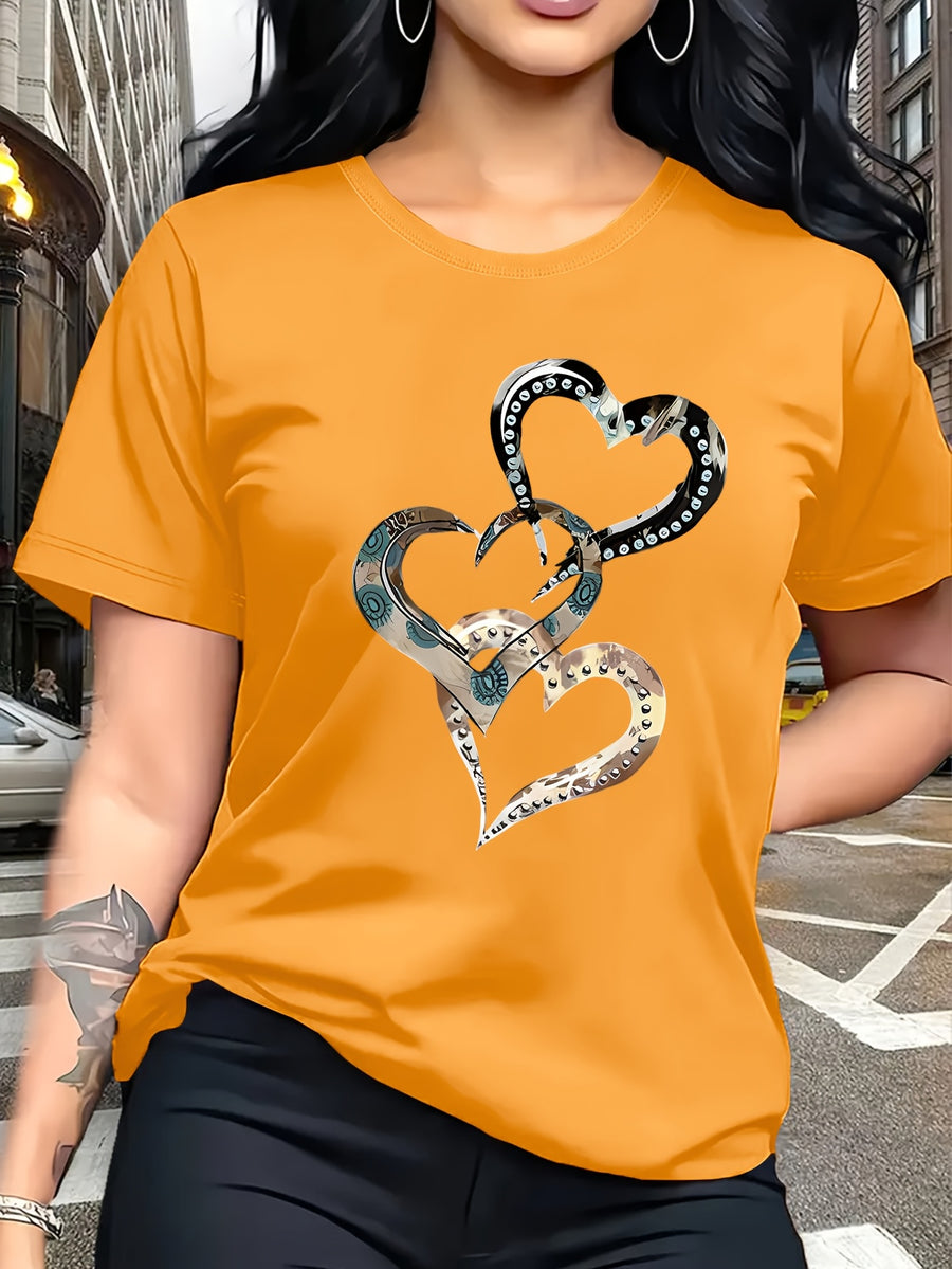 Emotion and Love" Representative, Metallic Art Heart Print Trendy Fashion, Simple Round Neck Casual Versatile Short Sleeve Women's T-Shirt for Leisure, Travel, and Vacation - Orange