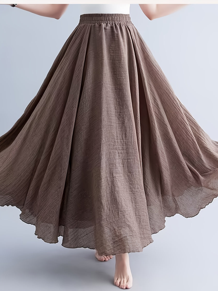 Solid Color Ethnic Style Literary Double-Layer Non-See-Through Midi Skirt for Women, Spring Summer Autumn Zen Style Long Dress with Wide Hem, High Waist Flowy - Khaki color