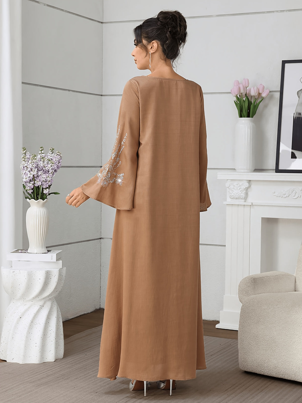 Al Najma Women ElegantEmbroidered Dress, MinimalistFashion Casual Daily Wear, Modest Kaftan - Khaki