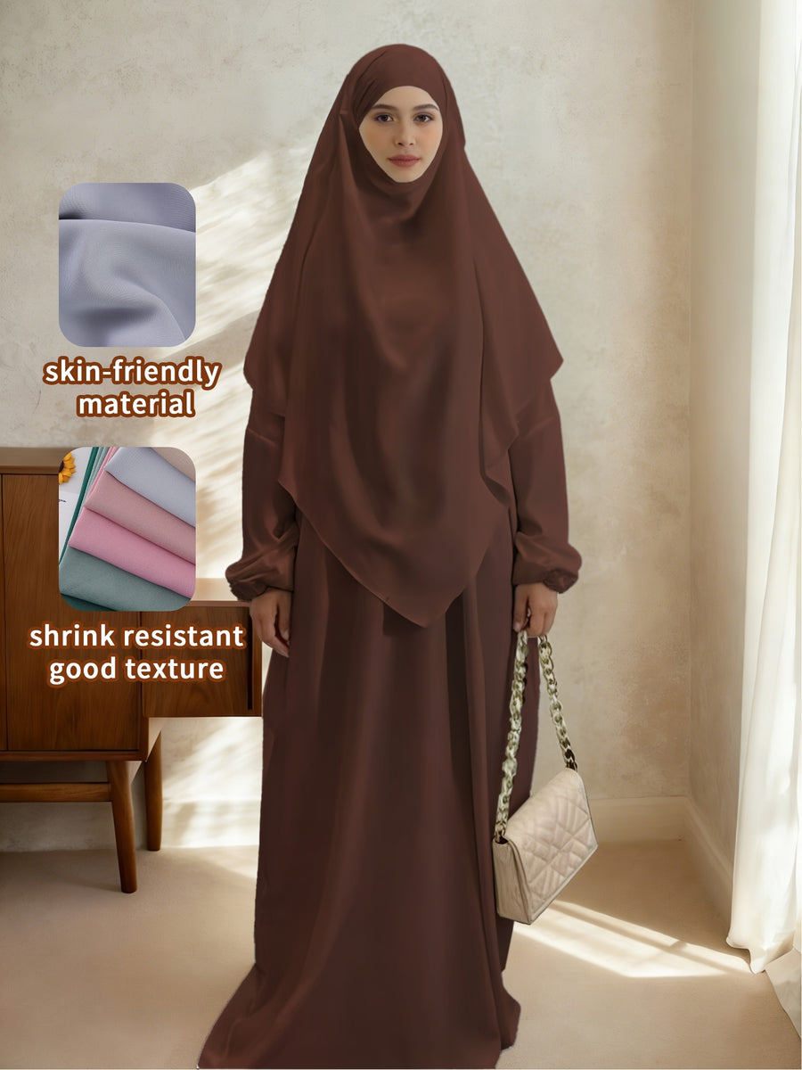 2pcs Easy Solid Abayas, Dignified Long-Sleeved Dresses, Asian Women'S Size Clothing, Elegant And Suitable for Gifting During Ramadan - Coffee Brown