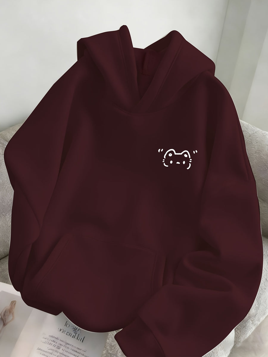 Women's Spring, Autumn, Winter -Lined Loose Hooded Sweatshirt - Korean Style Fashion, Niche, Minimalist, Age-Reducing, Versatile,, Daily Casual, Energetic, Soft and Cute,, Cartoon-Style Adorable Kitten Print Top - Burgundy