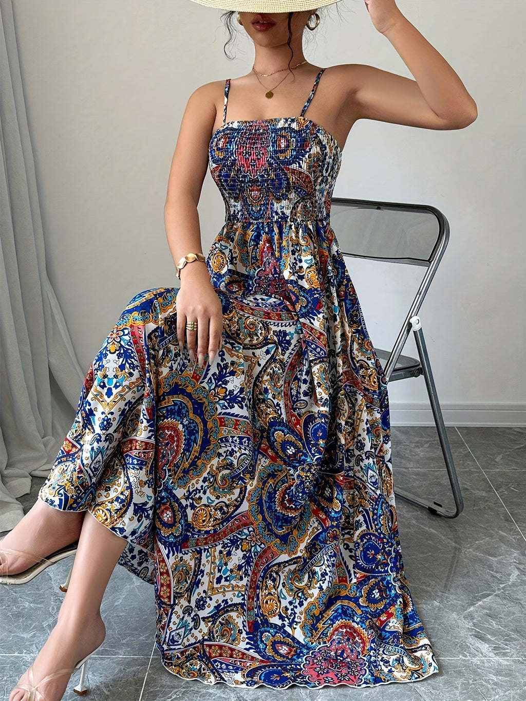 Paisley Print Spaghetti Suspender Dress, Long Vacation Casual Beachwear for Women - Multicolor